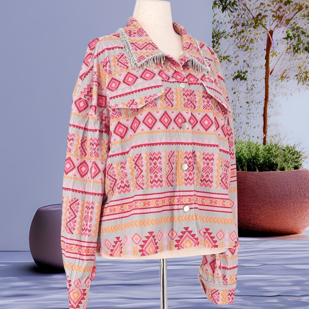 SAVANNA JANE Rhinestone Tassels Aztec Inspired Print Corduroy Jacket NEW IN PACK - Picture 9 of 10